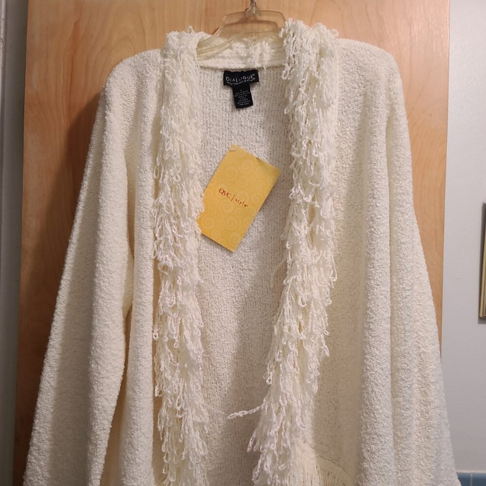 NWT Dialogue Ivory Cardigan Sweater W/ Fringe Size Large